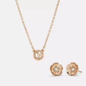 COACH Open Circle Necklace & Rose Tea Stud Earrings Set